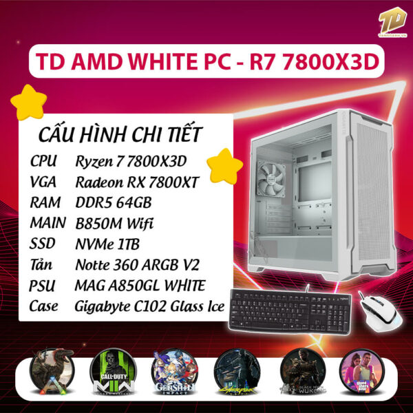 TD AMD WHITE PC (R7-7800X3D, B850M, 64GB DDR5, 7800XT, SSD 1TB)