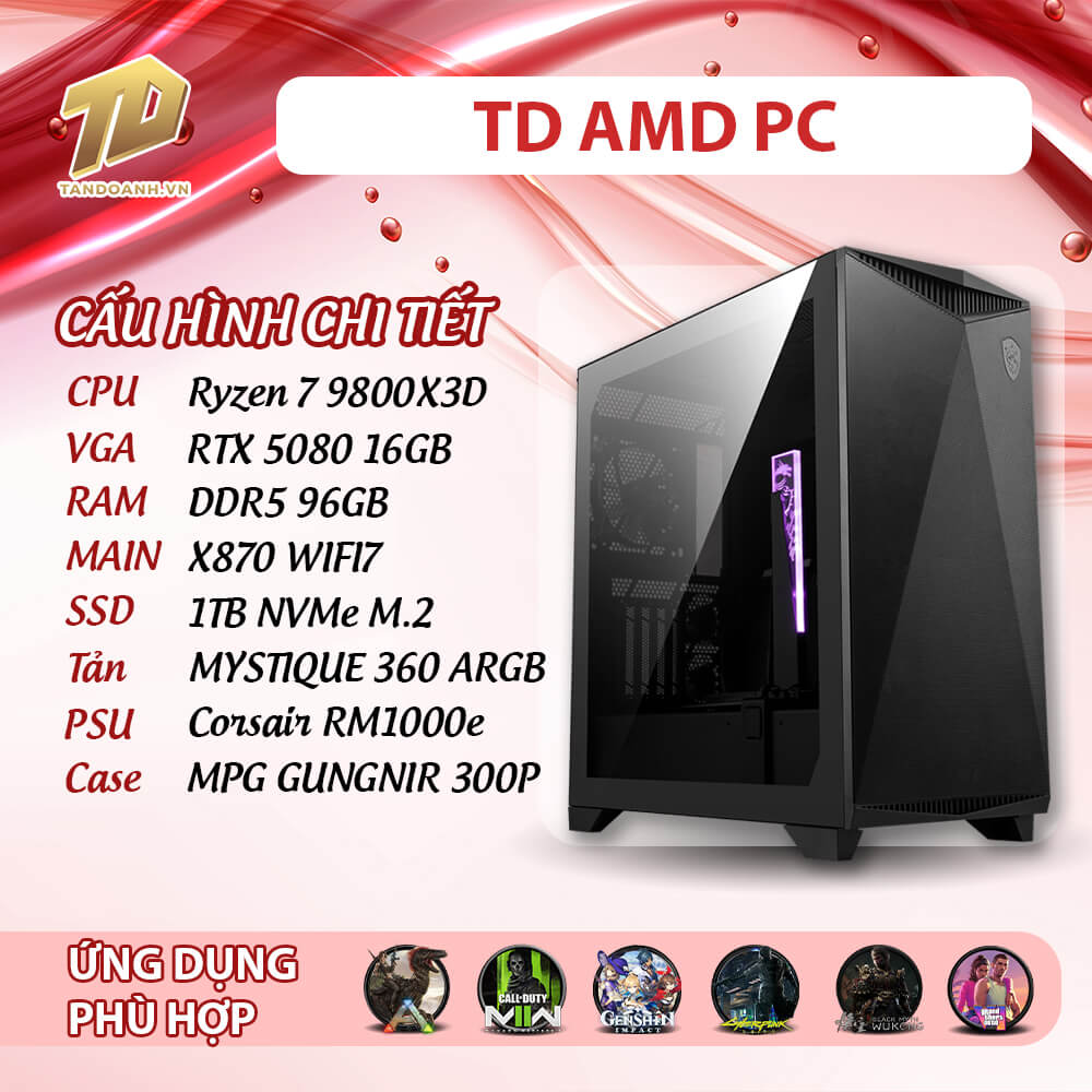 TD AMD PC 2025 R7 9800X3D TD AMD PC (R7-9800X3D, X870E, 96GB DDR5, RTX5080, SSD 1TB)