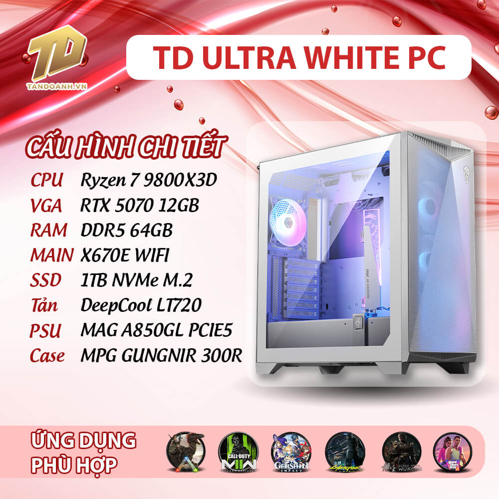 TD ULTRA WHITE PC 2025 R7 9800X3D TD ULTRA WHITE PC (R7-9800X3D, RTX 5070, X670E, 64GB DDR5, SSD 1TB)