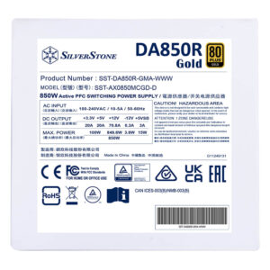 SilverStone DA850R Gold - White - 80 PLUS Gold 850W ATX3.0/3.1 & PCIe 5 Fully Modular Power Supply