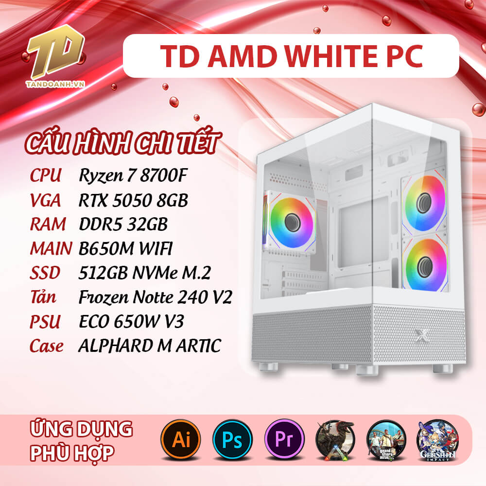TD AMD WHITE PC 2025 R7 8700F TD AMD WHITE PC (R7-8700F, B650M, 32GB DDR5, RTX 5050, SSD 512GB)