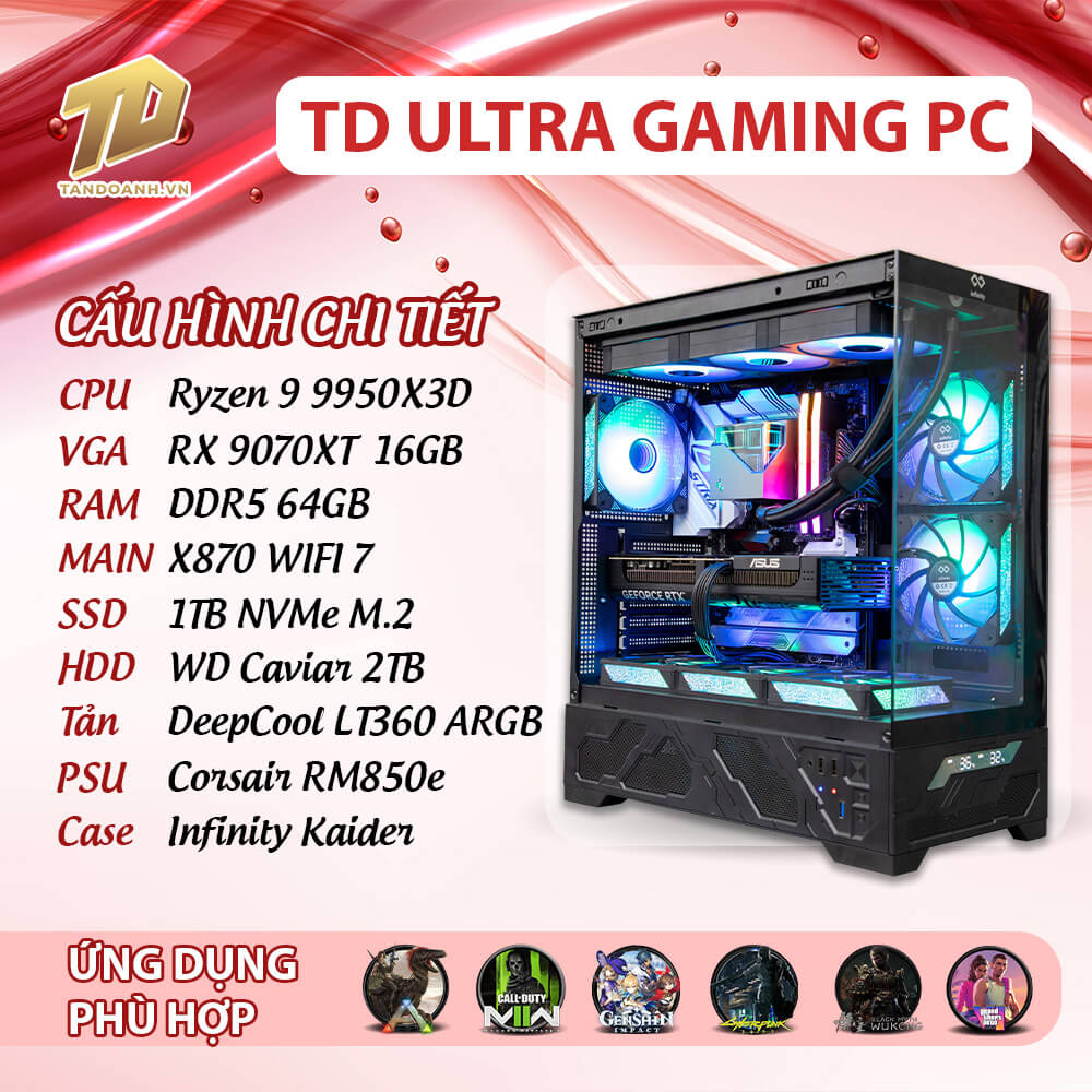 TD ULTRA GAMING PC 2025 R9 9950X3D TD ULTRA GAMING PC (R9-9950X3D, X870, RX 9070XT, 64GB DDR5, SSD 1TB, HDD 2TB)