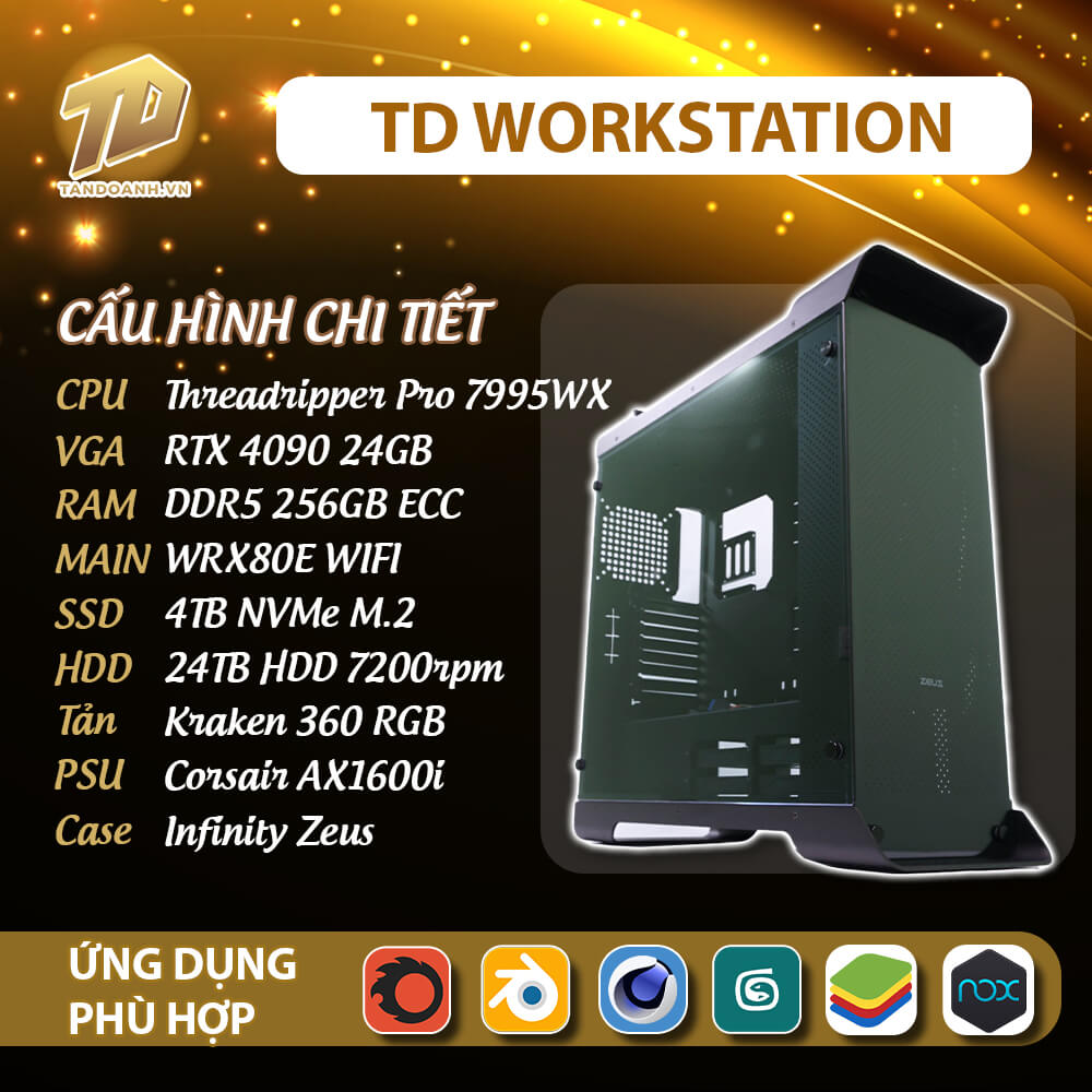 TD Workstation 2025 Threadripper TD Workstation VIP(Threadripper Pro 7995WX, Ram 256GB ECC, RTX 4090, SSD 4TB, HDD 24TB)