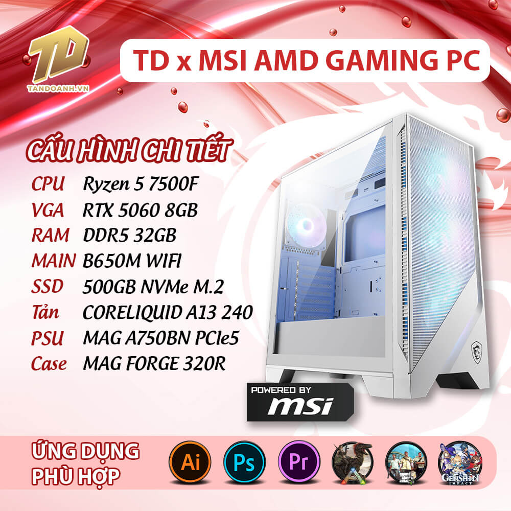 TD x MSI AMD GAMING PC R5 7500F TD x MSI AMD GAMING PC (R5-7500F, B650M, RTX 5060, 32GB DDR5, SSD 500GB)