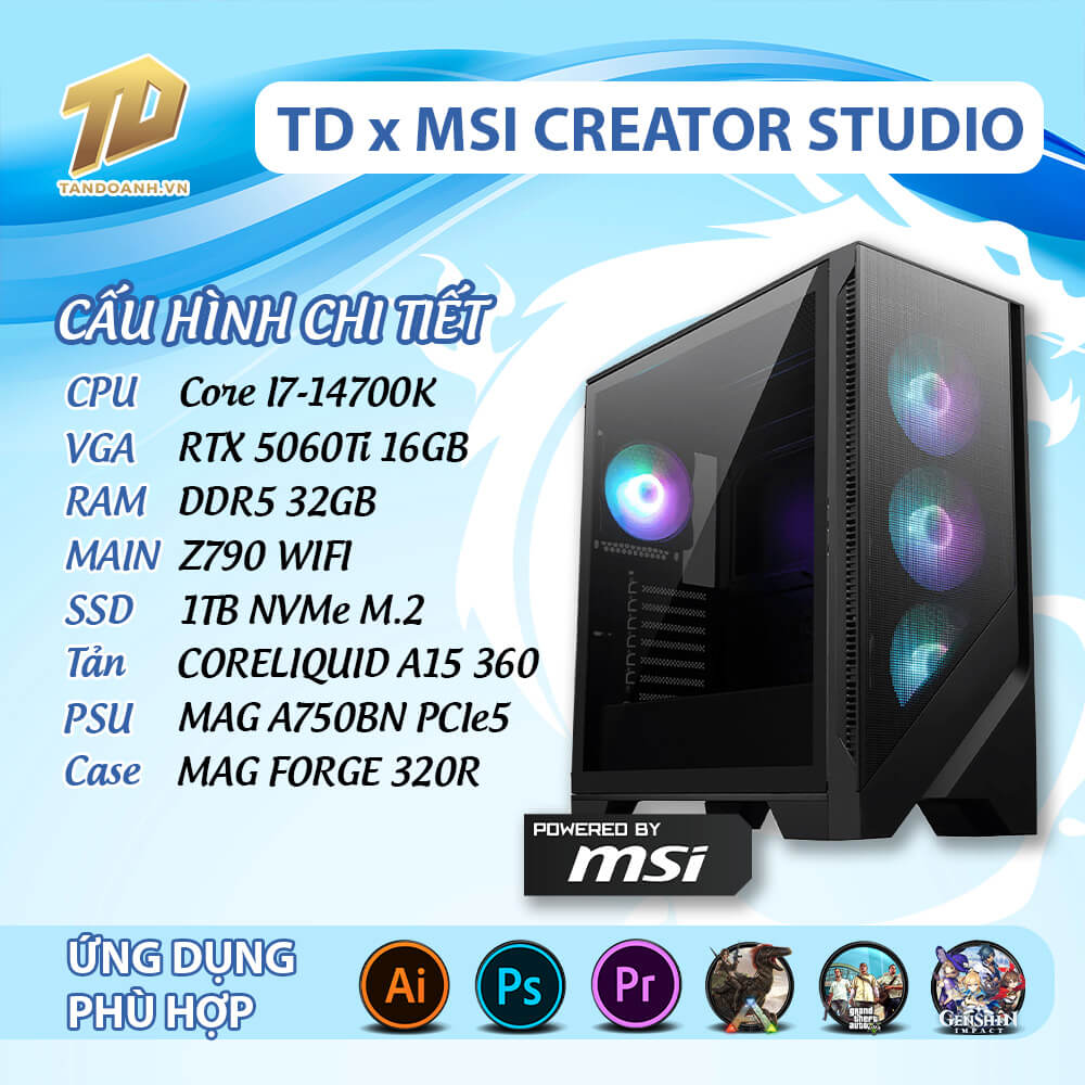 TD x MSI CREATOR STUDIO I7 14700K TD x MSI CREATOR STUDIO (I7-14700K, Z790, RTX 5060Ti, 32GB DDR5, SSD 1TB)