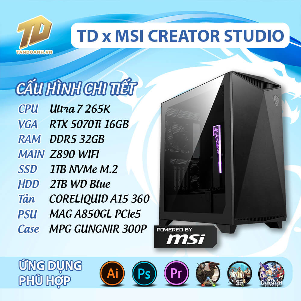 TD x MSI CREATOR STUDIO Ultra 7 265K TD x MSI CREATOR STUDIO (Ultra 7 265K, RTX 5070Ti, Z890, 32GB DDR5, SSD 1TB, HDD 2TB)