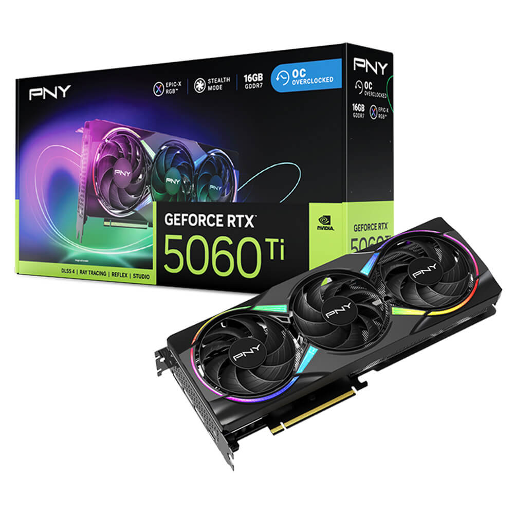 PNY GeForce RTX 5060 Ti 16GB EPIC X RGB Overclocked Triple Fan H1 PNY GeForce RTX™ 5060 Ti 16GB EPIC-X RGB™ Overclocked Triple Fan - 16GB GDDR7