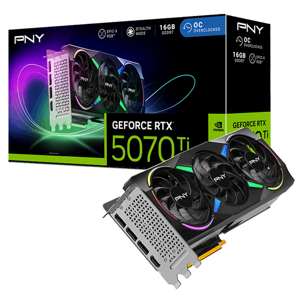 PNY GeForce RTX 5070 Ti ARGB EPIC X RGB Overclocked Triple Fan H1 PNY GeForce RTX™ 5070 Ti ARGB EPIC-X RGB™ Overclocked Triple Fan - 16GB GDDR7